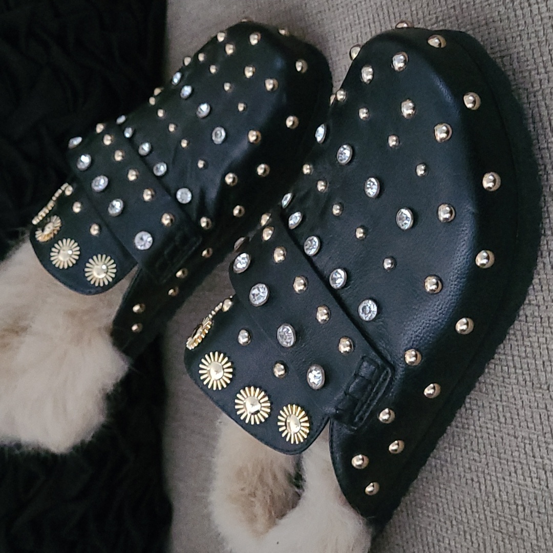 La Carrie Genuine Leather Studded Jeweled Fur Lined Mules